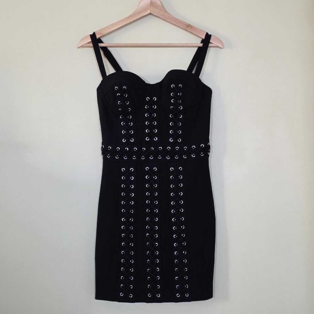Bebe x Naven Corset Lace Up Dress 4 Black Mini Lined Straps Y2K Grunge Punk Goth
